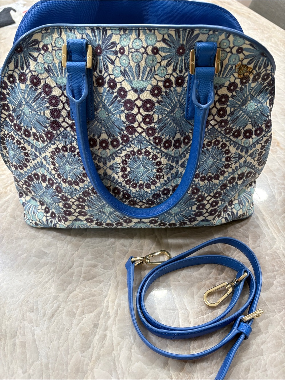 Tory Burch Blue Floral Geometric Dome Satchel with Removable Strap - Picture 2 of 8